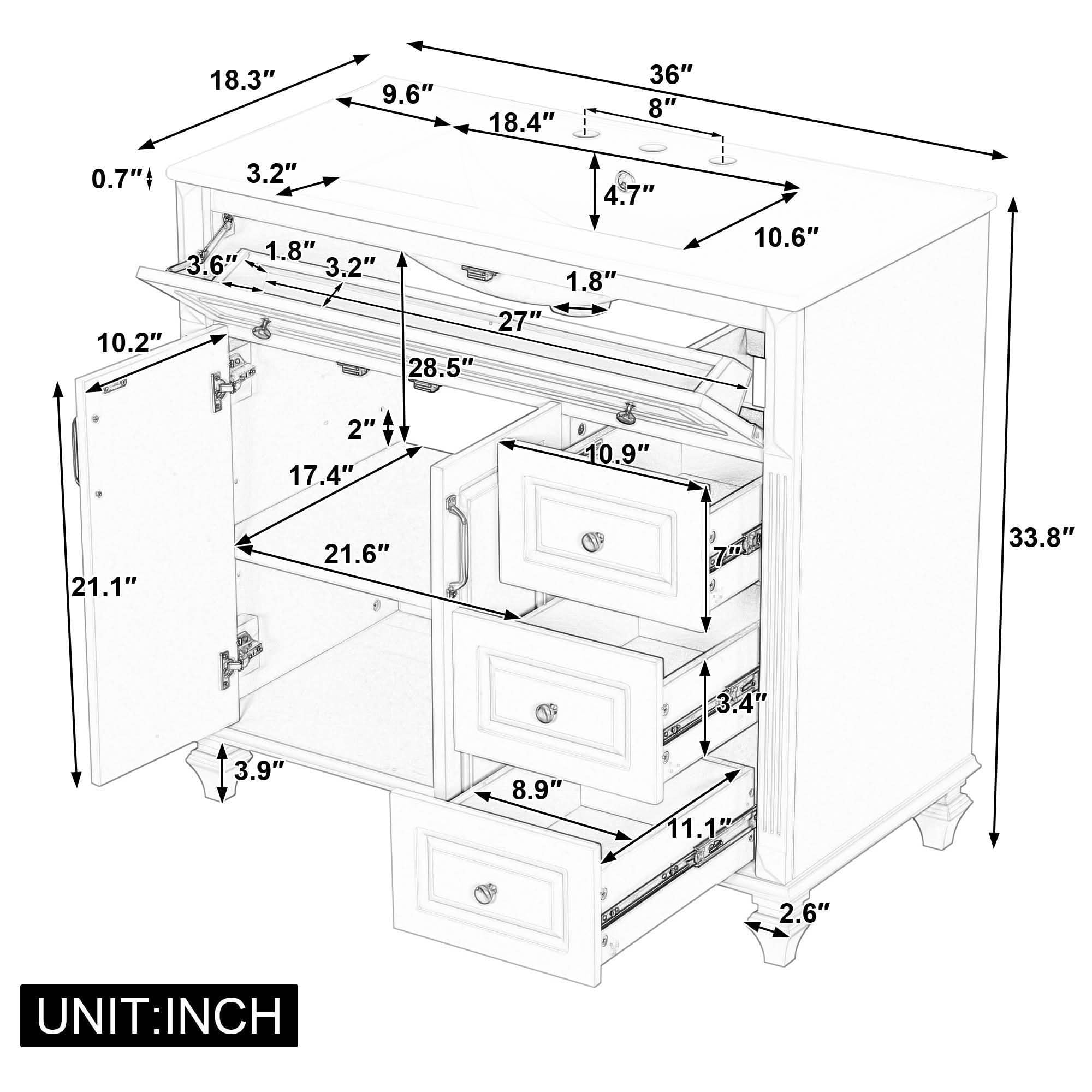 MAYEERTY 24" Bathroom Vanity with Sink Solid Wood MDF 2 Drawers 1 Door Adjustable Shelf Gray