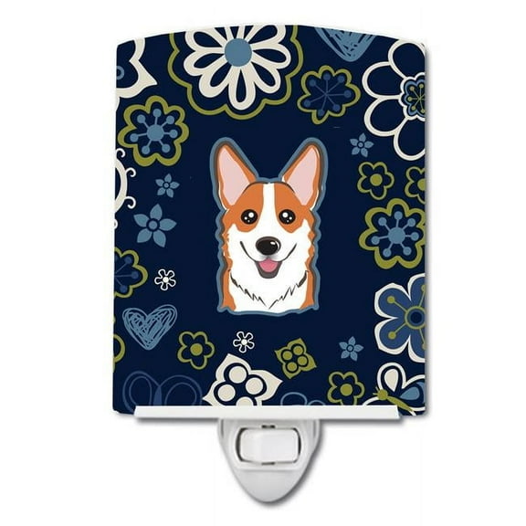 Blue Flowers Red Corgi Ceramic Night Light