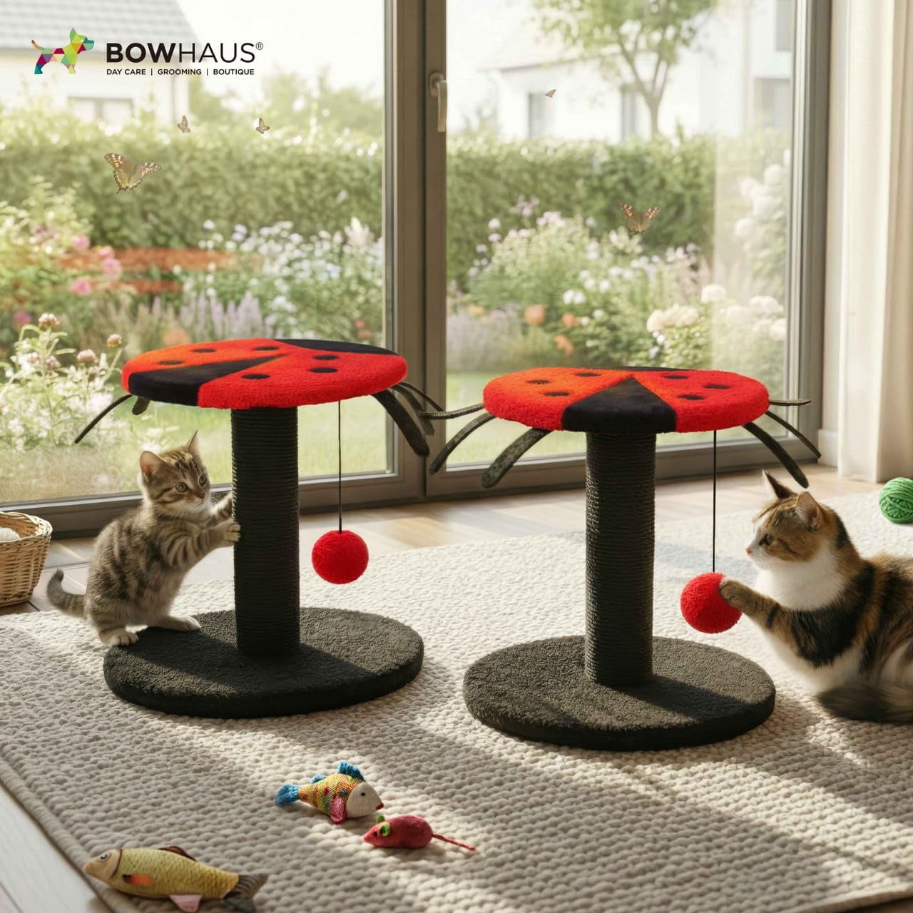 CAPHAUS Lady Bug-Style Cat Scratching Post, Cat Scratcher with Sisal Rope and Interactive Hanging Ball, 10 Inch Scratching Post for Indoor Cats and Kittens