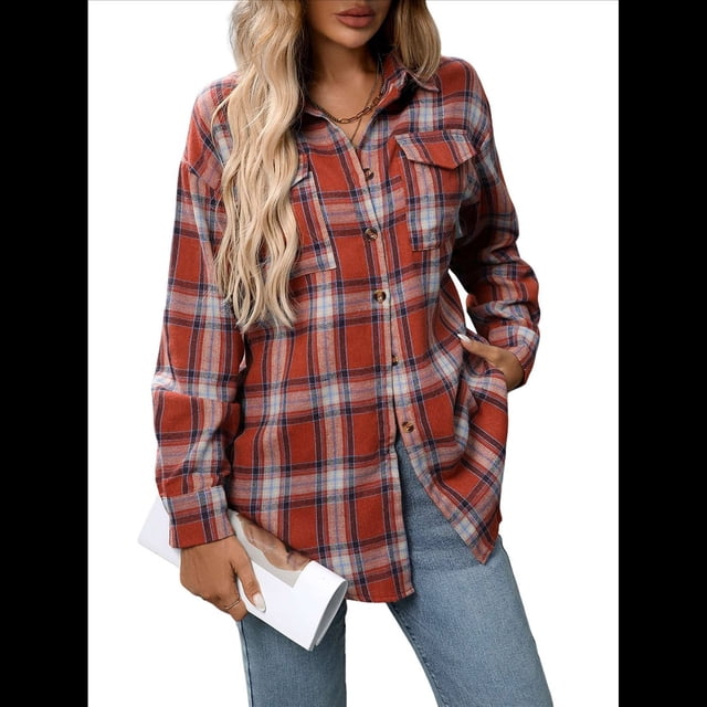 Camisa Abotonada para Mujer, Camisa A Cuadros, Larga, Solapa, Informal, para Negocios, Trabajo Rojo M