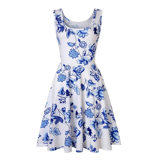 Birdeem Robe Débardeur Décontractée Sans Manches pour Femmes, Col Ras du Cou, Robe d'Été à Imprimé pour la Plage
