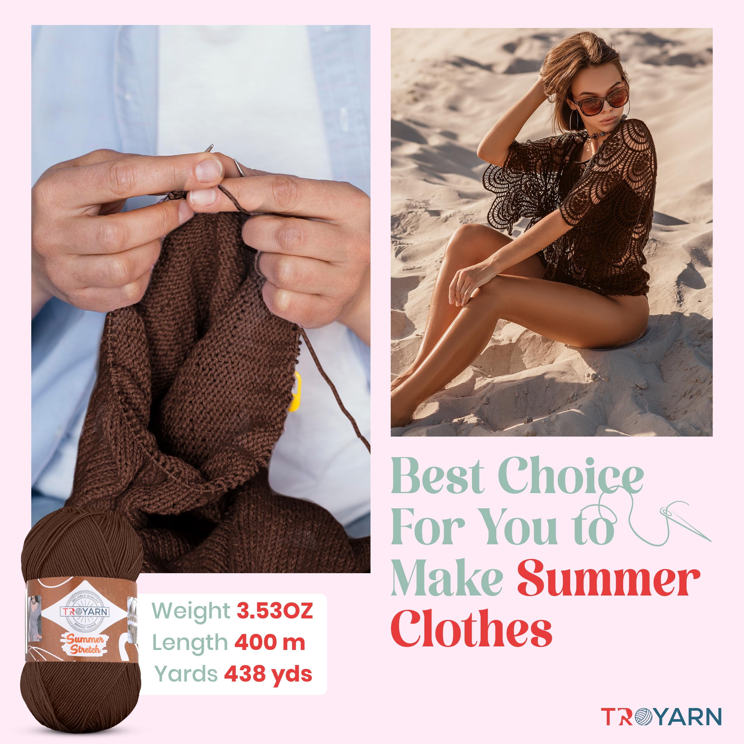 Troyarn Summer Stretch Acrylic Yarn for Crocheting - 2 Skeins of Brown Yarn Made from 100% Elastic Microfiber Acrylic for Knitting, 100gr 438 yds (11426 - Brown)