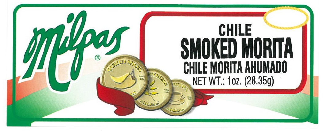 Milpas Smoked Morita Chile Pods packed in a clear cellophane bag, 1.0 oz per bag.