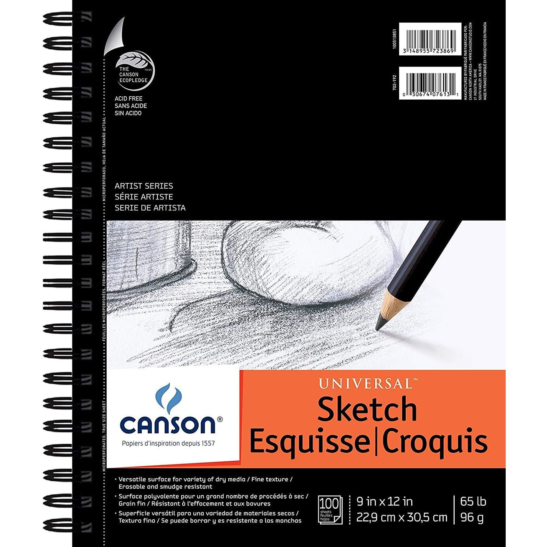 Canson Artist Series Universal Sketch Pad, Side Wire Binding, 100 Sheet, 9x12 inch, Pack of 3