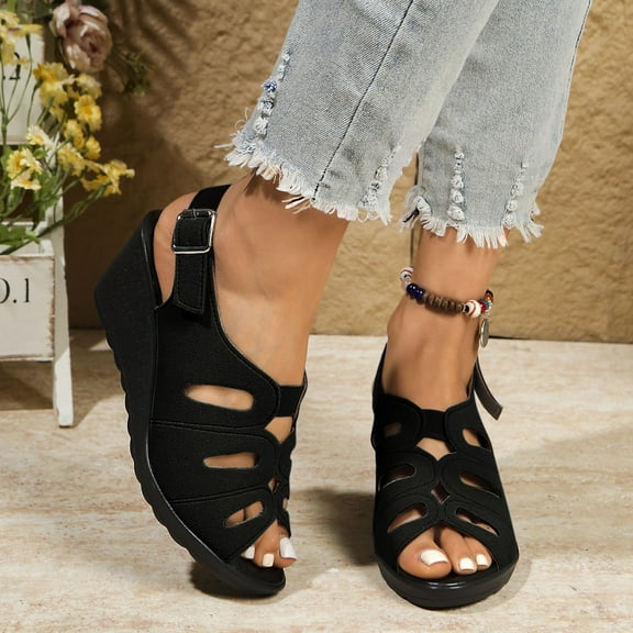 Clearance Wedge Sandals for Women, Xunlbb Women's Fashion Casual Summer New Style Solid Color Mouth Buckle Hollow Wedge Sandals(Black,Size:36)