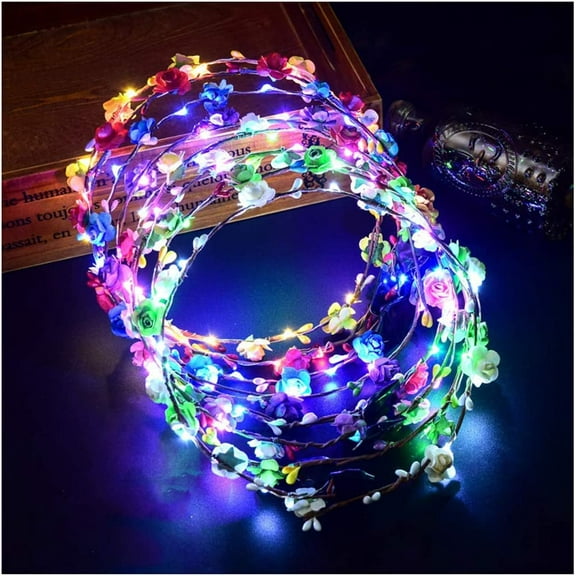 7 Pcs LED Flower Crowns Headbands - Flower Crowns for Women & Girls, Blinking Hair Accessory, Light Up Party Favors for Wedding Beach Festival Cosplay Halloween Christmas Day