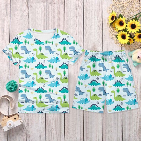 Boys Outfits 2 Piece Dinosaur Print Crew Neck Short Sleeve Breathable T Shirt And Shorts for Homewear Baby Boys' Clothing Sets Sky Blue 3-4 Years