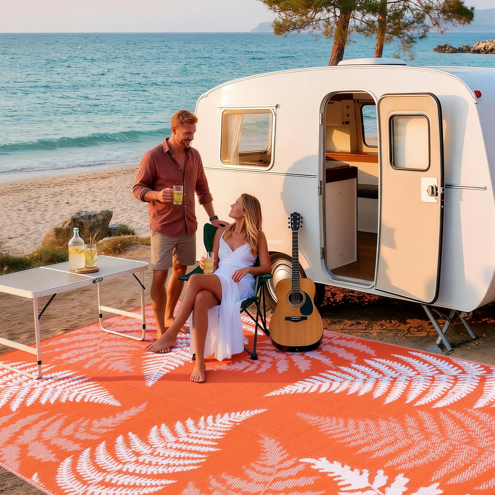 9'x12' Outdoor Rugs for Patios, Yamaziot Patio Rug RV Mats, Waterproof Reversible Plastic Straw Camping Rug for Deck Porch Balcony Beach Tropical, Palm Leaf Orange