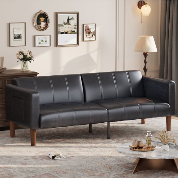 Garvee Futon Sofa Bed, 75-Inch Modern Faux Leather Convertible Couch, Adjustable Backrest, Side Pockets, Space-Saving Sleeper Sofa, Mid-Century Loveseat for Small Space, Living Room