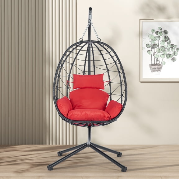 Modern Outdoor Egg Chair, PE Rattan Hanging Chair, for Bedroom, Living Room, Balcony, Patio, Black Frame, 6 Available Color Cushion