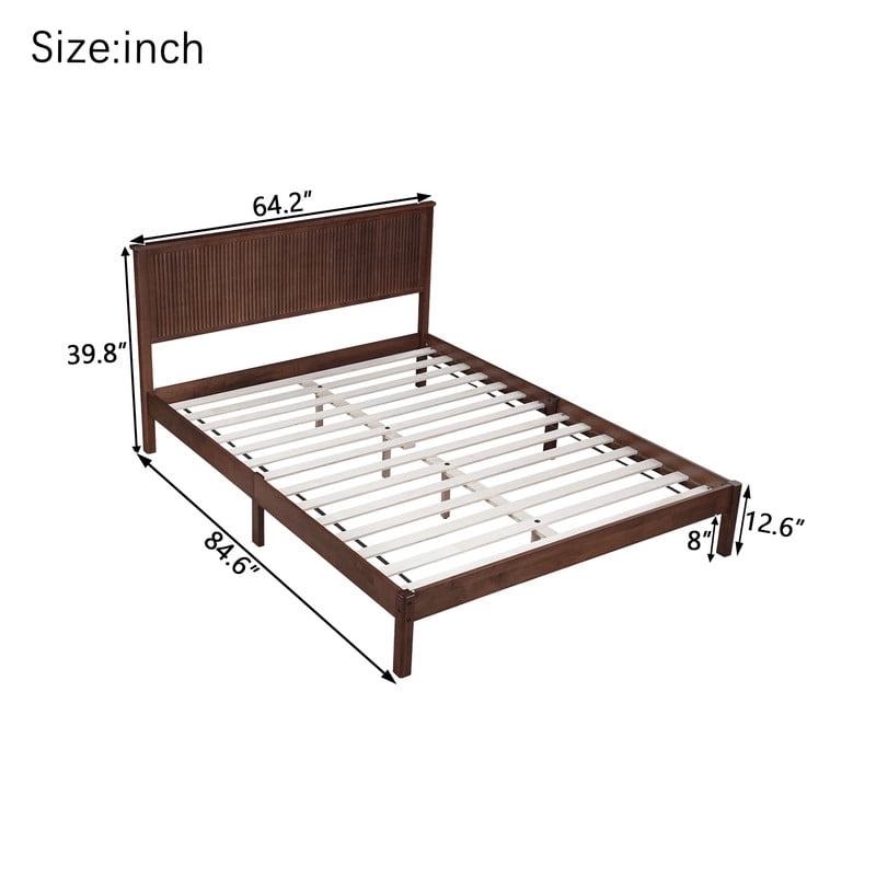 Queen Size Wood Bed Frame with Wave-Fluted Headboard, Low-Profile Platform Bed with Central Support Legs and Under-Bed Space