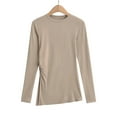 thumbnail image 2 of Lenpel Women's T Shirts Cotton Long Sleeve Crew Side Split Ruched Asymmetrical Hem Athletic Yoga Tops Casual Basic Tees(Khaki,Large), 2 of 7