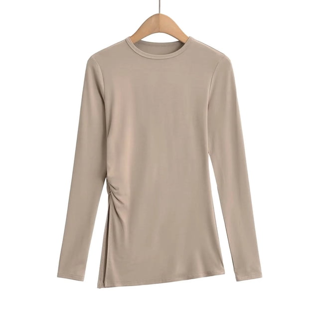 Ladies' Colored Side Slit Long-sleeved Round-neck Undershirt Top