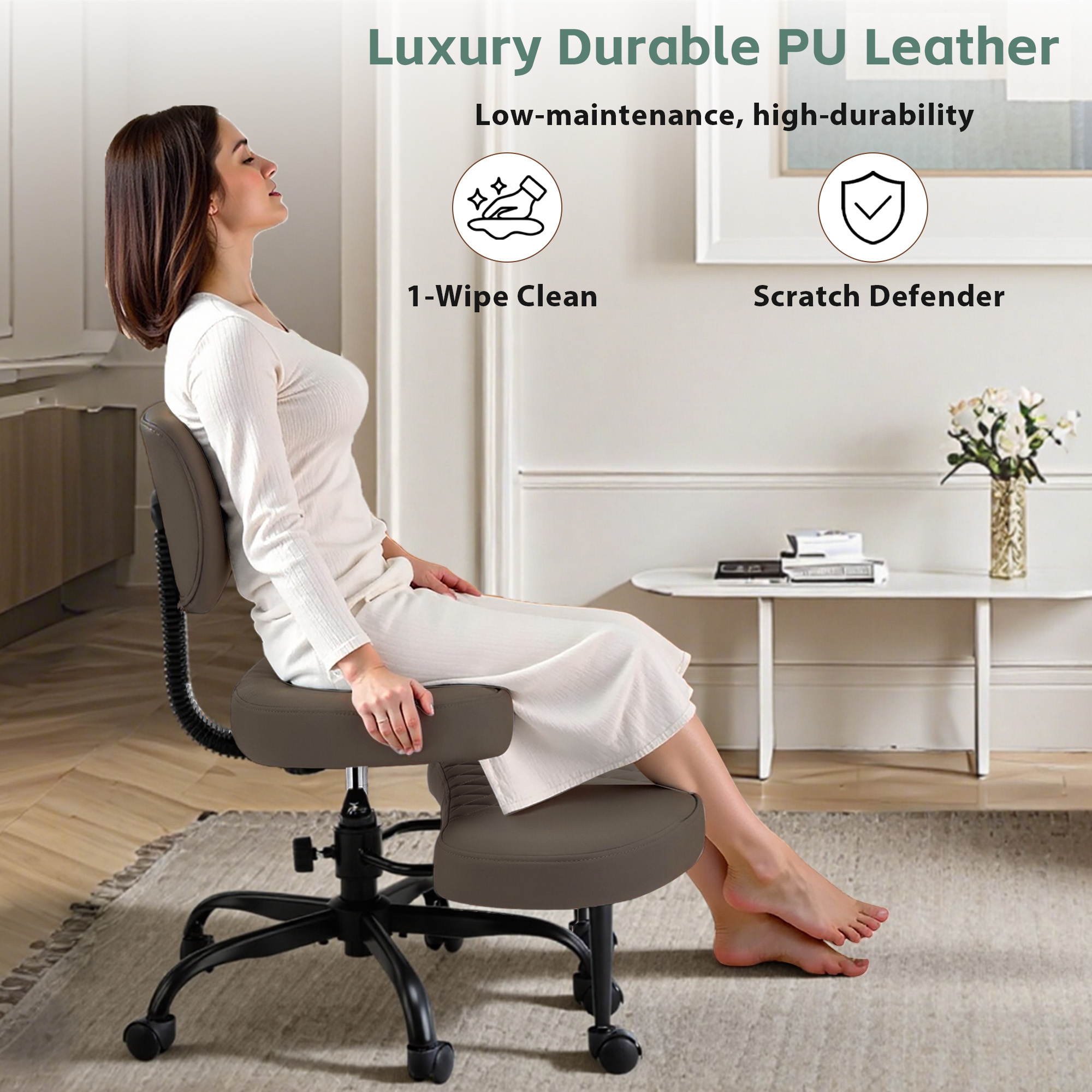 Dhole Ergonomic Cross-Legged Office Chair with Back Support - Adjustable Kneeling Stool for ADHD & Meditation, 360° Swivel Base with Wheels for Home Office, Brown