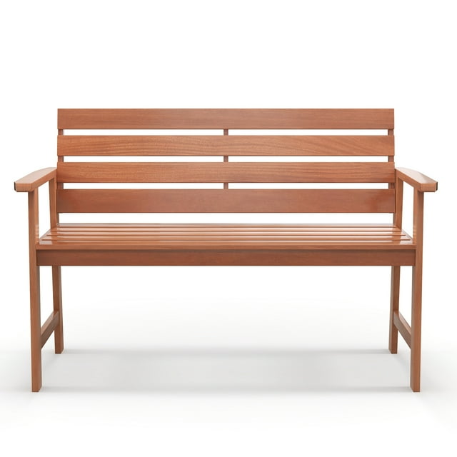 Gymax Solid Wood Bench Wood 2-Seat Chair with slatted seat and 102° inclined backrest, shown in a natural wood finish. The bench features wide armrests, a breathable slatted design, and reinforced crossbars for stability. Ideal for outdoor spaces like patios, porches, and balconies. Dimensions: 48'' x 25'' x 33'' (L x W x H).