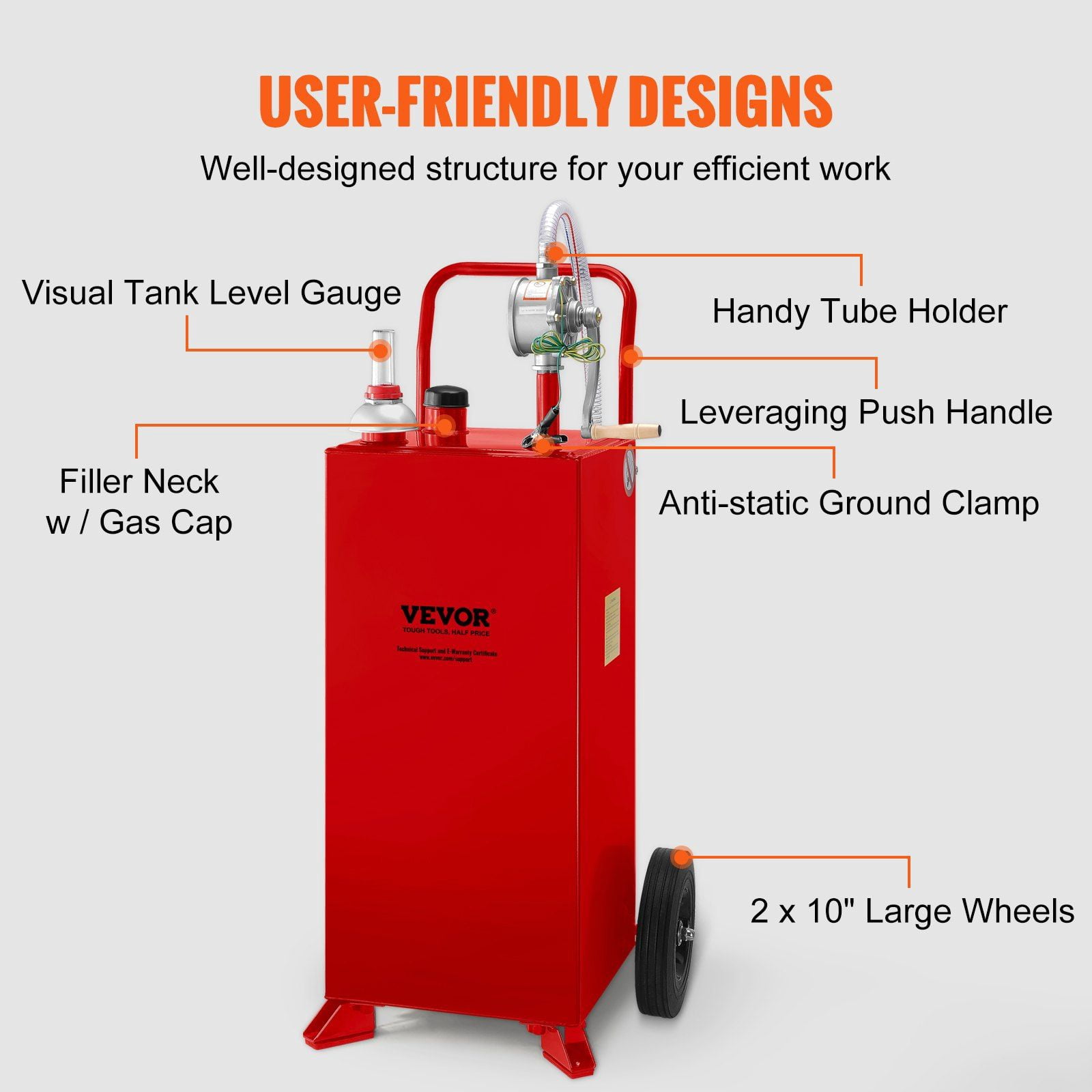 30-Gallon Portable Gas Caddy with Manual Pump, 2-Wheel Fuel Storage Tank for Gasoline/Diesel, Ideal for Cars, Lawn Mowers, ATVs, Boats (Red)