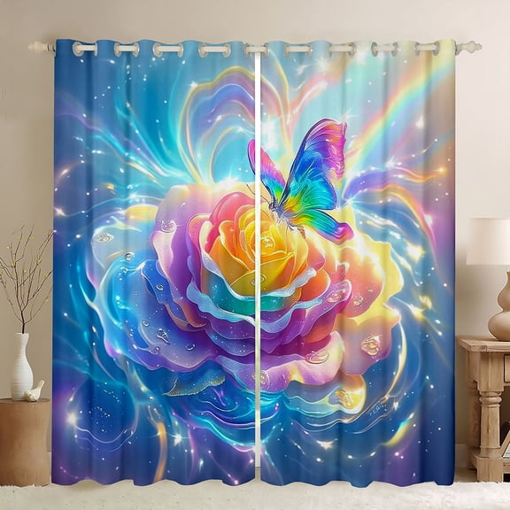 Manfei Colorful Butterfly Rose Black Out Curtains, Aesthetic Floral Curtains Pack of 2 (42x63 Each) for Boys Girls Women Men