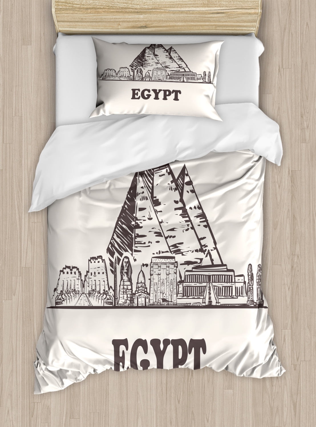 Vintage Egyptian Duvet Cover Set Twin Size, Monochrome Pyramids