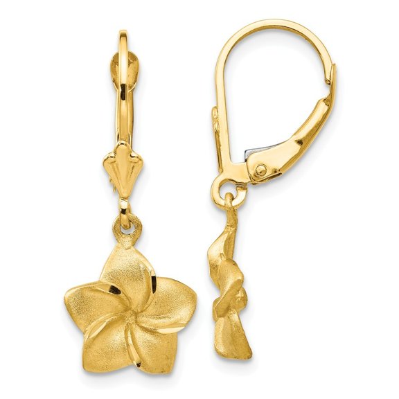 14k Yellow Gold Satin and Sparkle-Cut Plumeria Dangle Leverback Earrings - Measures 29x11mm Wide