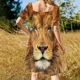 thumbnail image 5 of Hermoso vestido de fiesta de manga corta con reflejos de gato salvaje y cara de león, vestido de verano para mujer, vestido largo para mujer, 5 of 7
