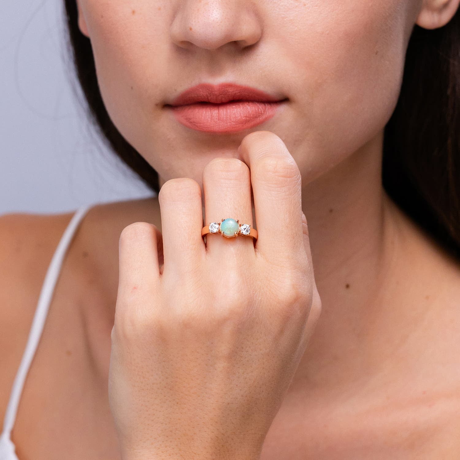 Angara Natural Round Opal and Diamond Three Stone Engagement Ring