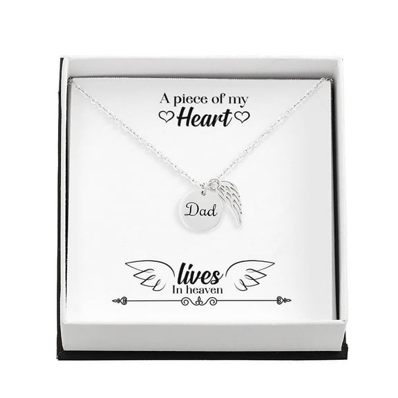 A Piece of My Heart Lives in Heaven Remembrance Necklace for Dad Angel Wing Charm Stainless Steel or 18k Gold Finish
