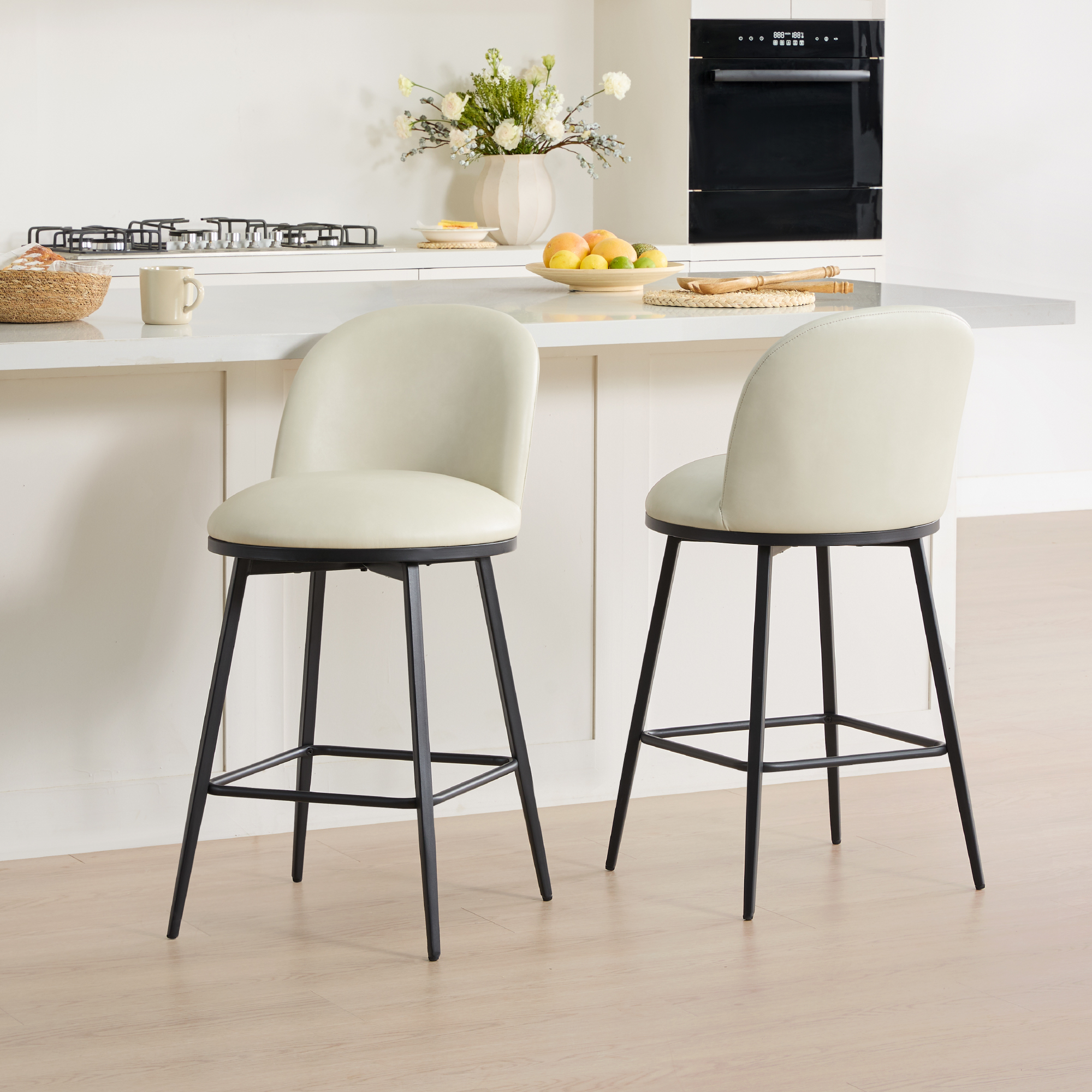 Spruce & Spring Counter Height Swivel Bar Stool with Metal Frame Set of 3, Cream