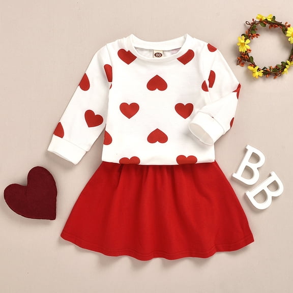 Girls Valentine‘s Day Dress Set, Long Sleeve Top & Tutu Skirt with Heart Patterns, Cute Outfit for Party, Photos & Special Occasion. Red 80