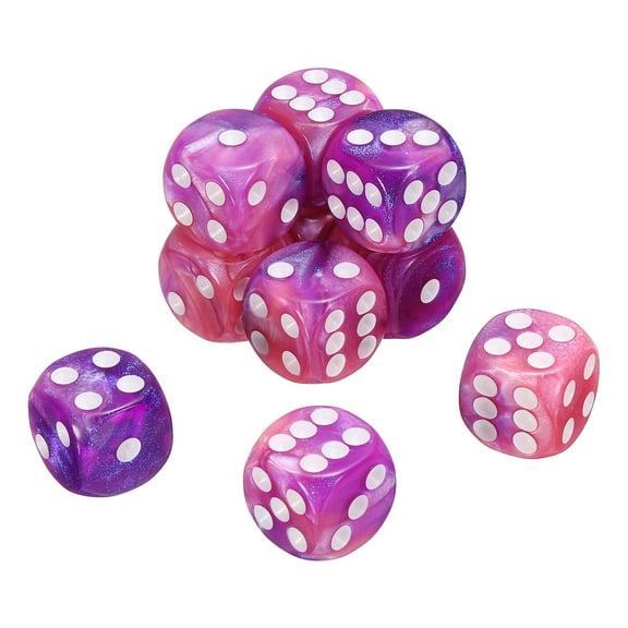 10 Pack 6 Sided Standard Dice, 2 Colors Acrylic D6 Mini Polyhedral Pearl Pattern Game Dice Set for Table Games or Math Learning, Purple and Pink/White Point