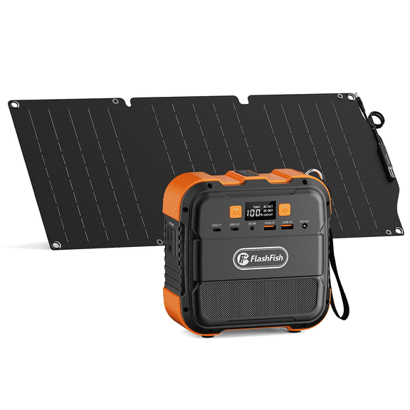 FlashFish A101 Portable Power Station with 30W Solar Panel, 120W Backup Battery Generator AC Outlet USB-C LED for Camping Emergency