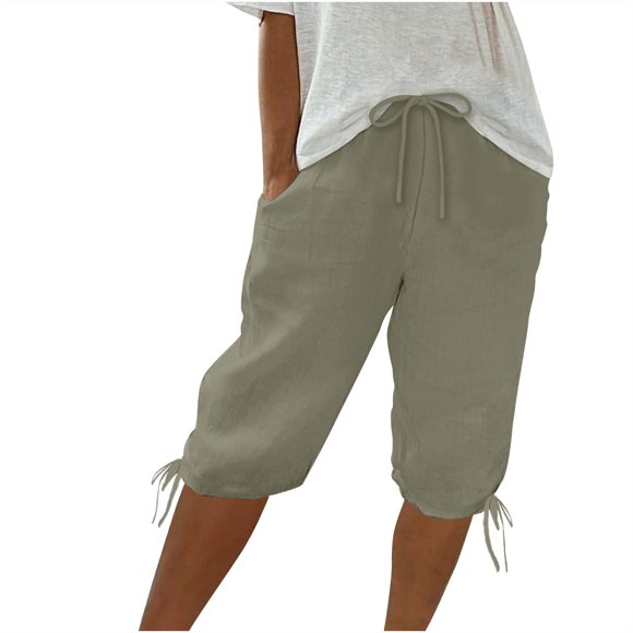 Timegard Shorts for Women Summer Elastic High Waist Drawstring Ruched Solid Color Casual Knee Length Pants