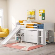 CoSoTower Low Twin Size Loft Bed With Cabinets, Shelves And Slide - White