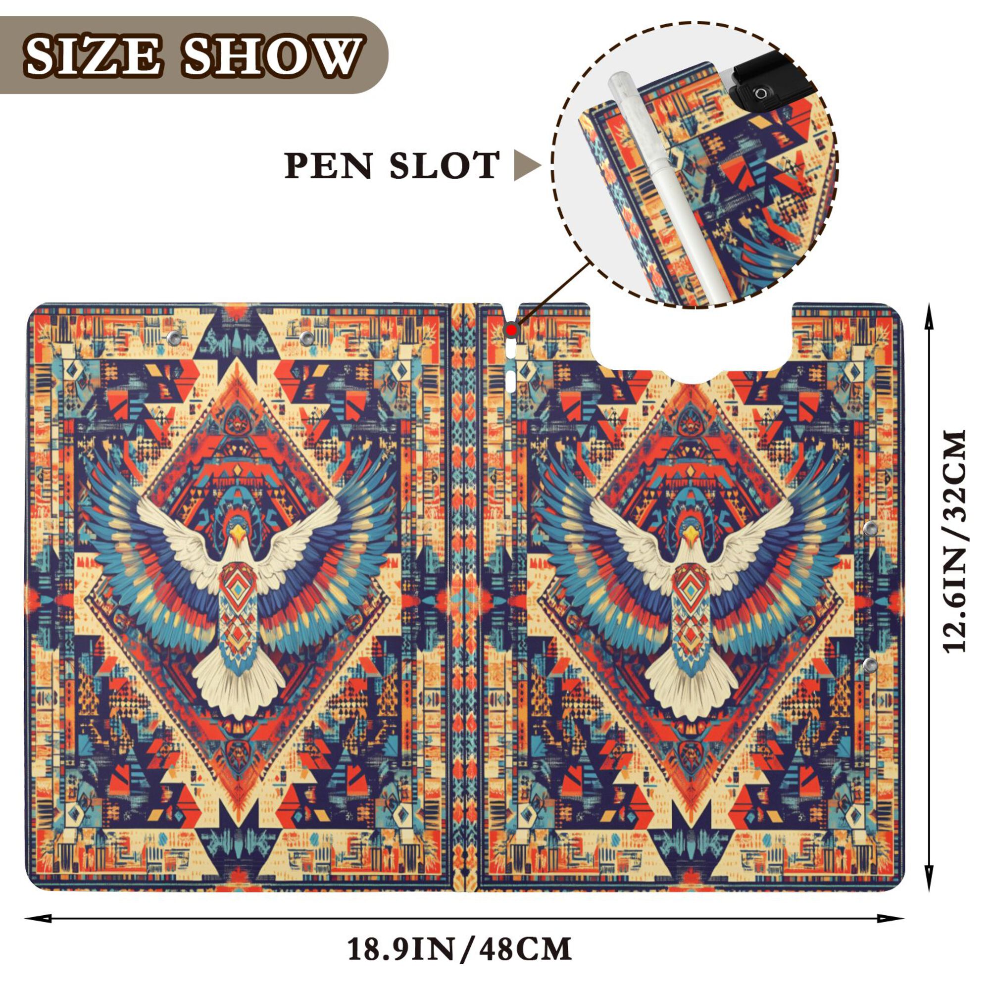 FORMRS A4 Clipboard Folder with Pen Holder Horizontal Foldable School Office Binder, Beige Geometric Eagle