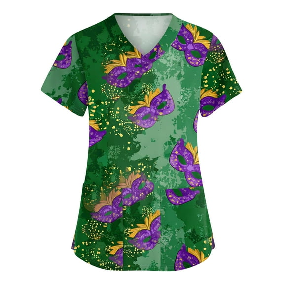 Lumtrix Womens Mardi Gras Scrub Tops Plus Size Short Sleeve V-Neck Fun Mask Print Scrub Top Side Slit Nursing Uniforms with Pockets Dark Green 4XL