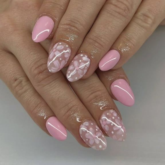 24Pcs Almond Flower Designs French Fake Nails Acrylic False Nails,Artificial Nails Glues on Nails Women