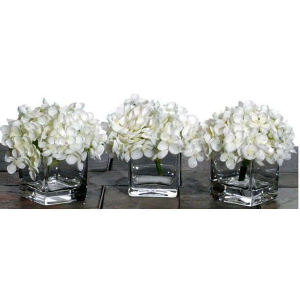 Set of 3 White Hydrangea Artificial Floral Arrangements in Clear Vases