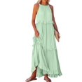 thumbnail image 3 of Women's Resort Style Ruffled Long Dress Round Neck Sleeveless Flowy Beach Dress with Pockets Mint Green Calico L, 3 of 7