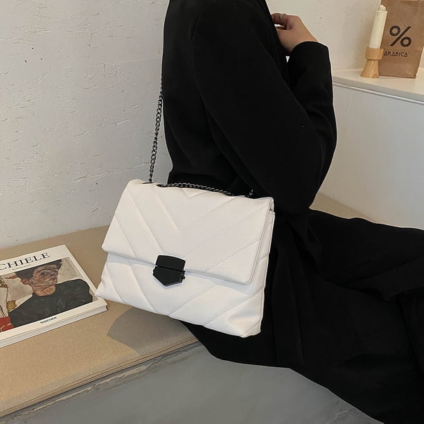 Simple Lattice Pattern Totes PU Mujer Cadena Hombro Messenger Bag (Blanco)
