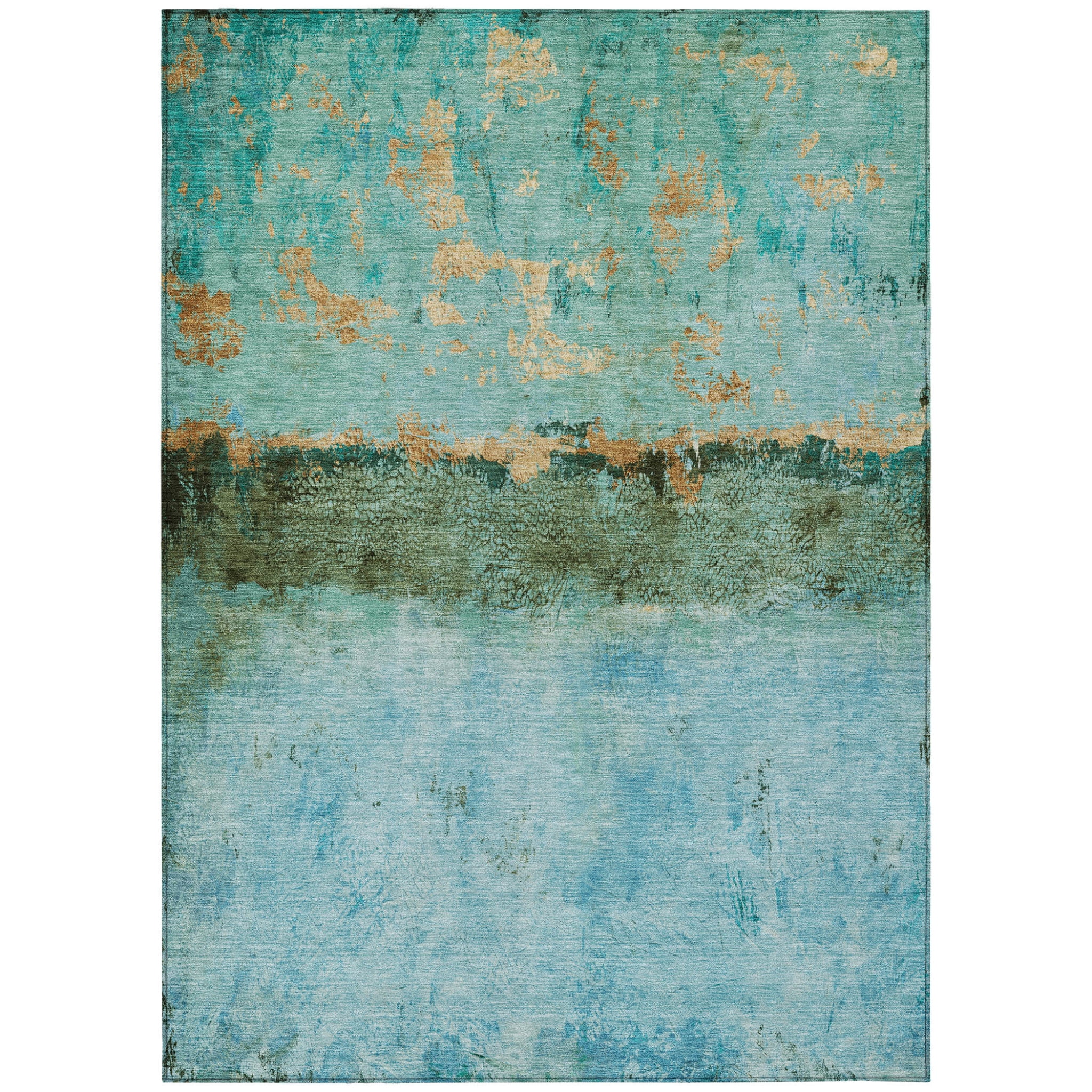 8' X 10' Teal Blue And Gold Abstract Washable Indoor Outdoor Area Rug