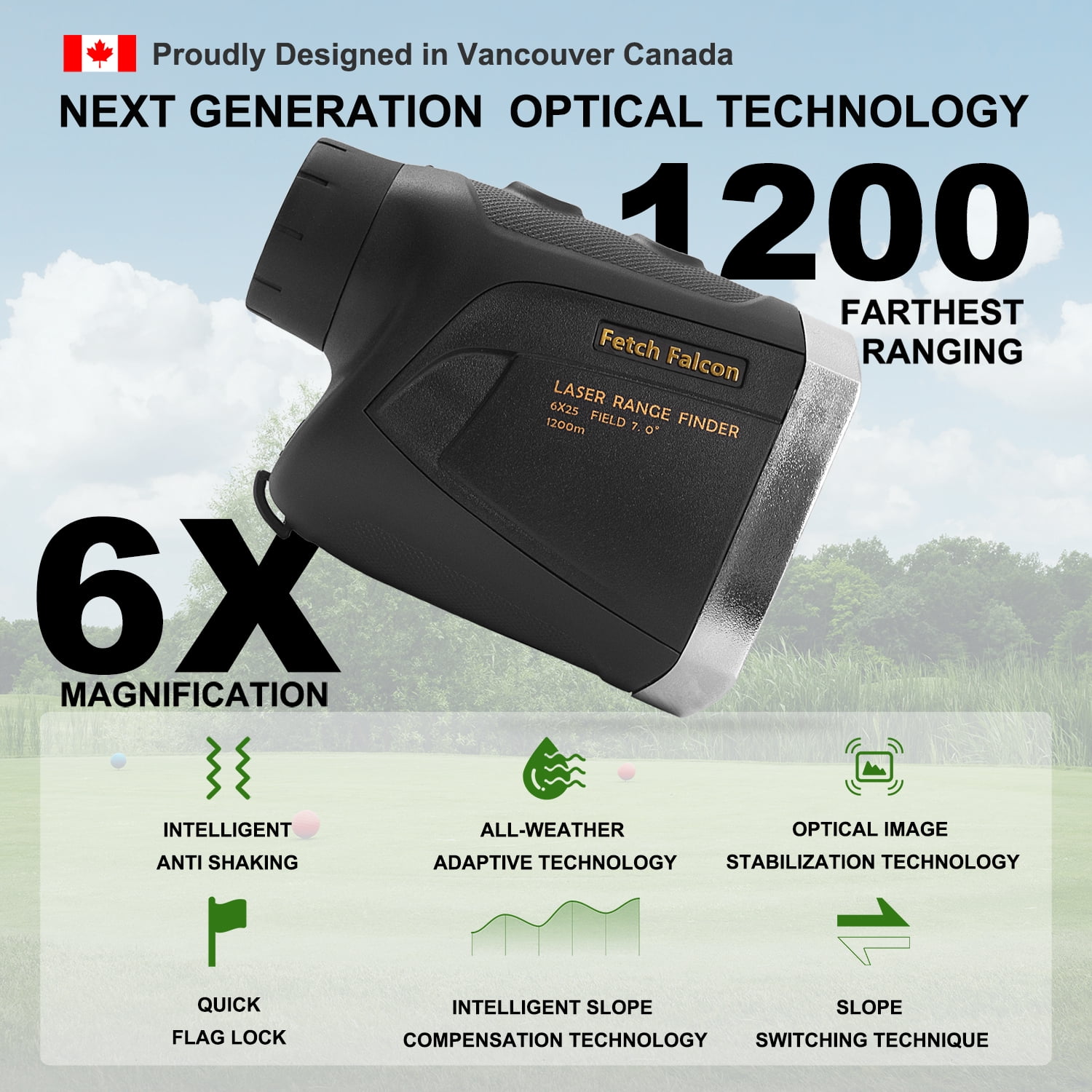 Fetch Falcon LCD Golf Rangefinder (High Precision, Slope Mode with Scan) Pole Flag Locking Vibration (LCD 1200 YD Golf Laser Rangefinder Black)