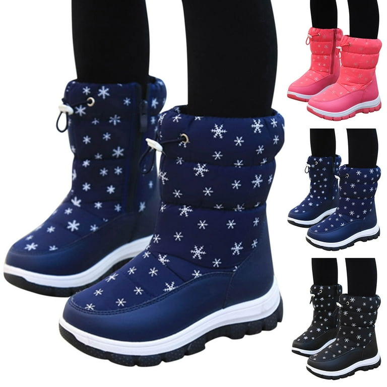 JDEFEG Girls Dress Shoes Winter Children Snow Boots for Boys and Girls Thick Non Slip and Waterproof Upper Mid Calf Boots Side Zipper Solid Color Snow