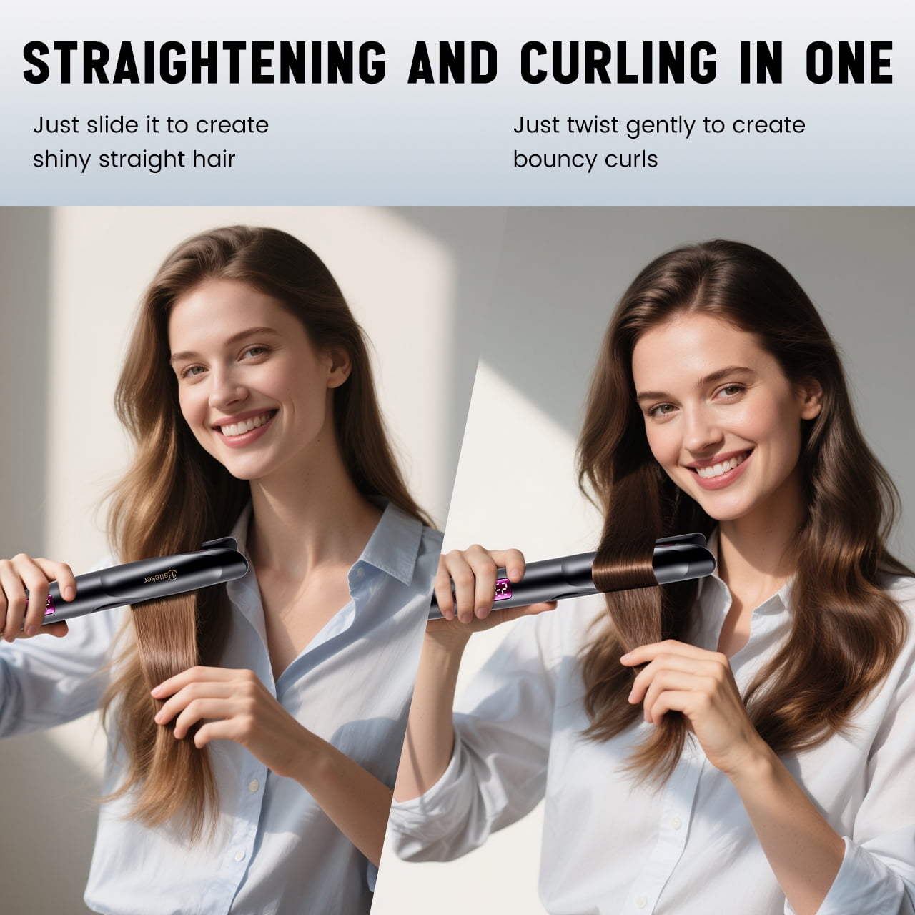 HATTEKER Professional 2-in-1 Curling & Straightening Iron - Hair straightener - curling iron - 11 Temperature Settings - Auto Shut-off - Black
