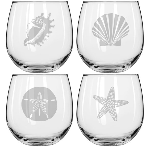 Set of 4 Wine Glass for Red or White Wine Gift Seashore Sea Shells (16 oz Stemless)