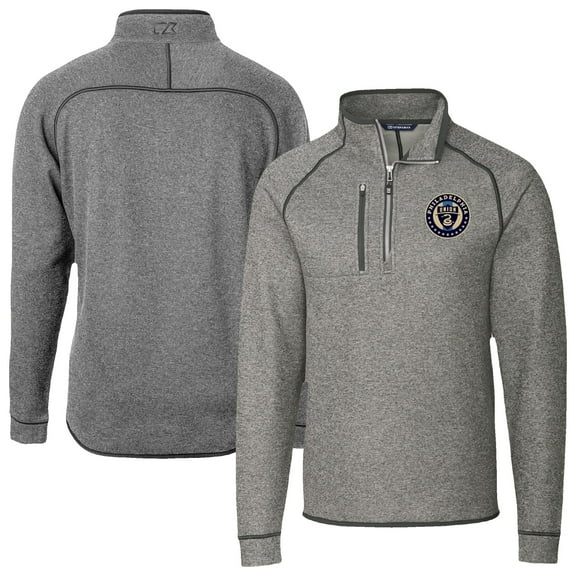 Men's-Cutter & Buck Heather Gray Philadelphia Union Mainsail Sweater-Knit Half-Zip Raglan Jacket