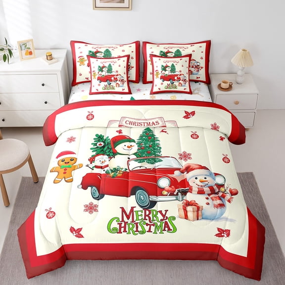 Manfei Red Truck 7-Piece Twin Bedding Sets,Xmas Snowman Bedding Comforter Set,Happy New Year Breathable Sheet Sets,Lightweight Christmas Bedroom Decoration,Reversible