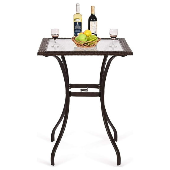 Werqueid 37”/ 94CM Height Bistro Table Outdoor Bar Table, Square Patio Table with Umbrella Hole, Tempered Glass Top & Wicker Covered Edge, Outdoor Counter Height Table for Garden Patio Poolside Deck