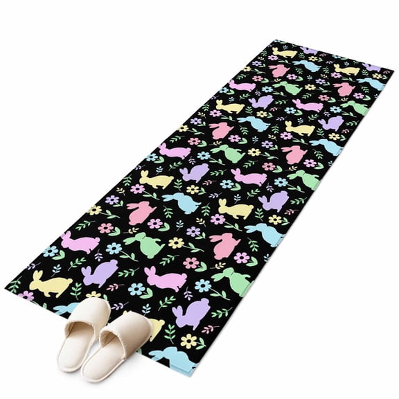 Easter Colorful Rabbits Runner Rug 2'x6' Spring Flower Cartoon Cute Black Hallway Runner Rugs Washable Non-Slip Bedside Floor Mats Carpet for Kitchen Bedroom Laundry Room Bathroom