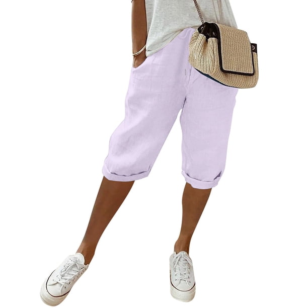 MKLEKYY Pantalones Cortos Para Mujer, Moda Femenina, Lisos, Con Bolsillos Grandes, Elásticos, Casuales, Capris Con Bolsillos