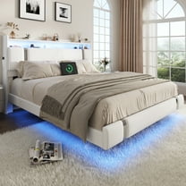 NEGYLIM Floating Bed Frame Queen Size with LED Lights, Easy to Assemble, Metal Platform Bed with Storage Headboard, No Box Spring Needed, White