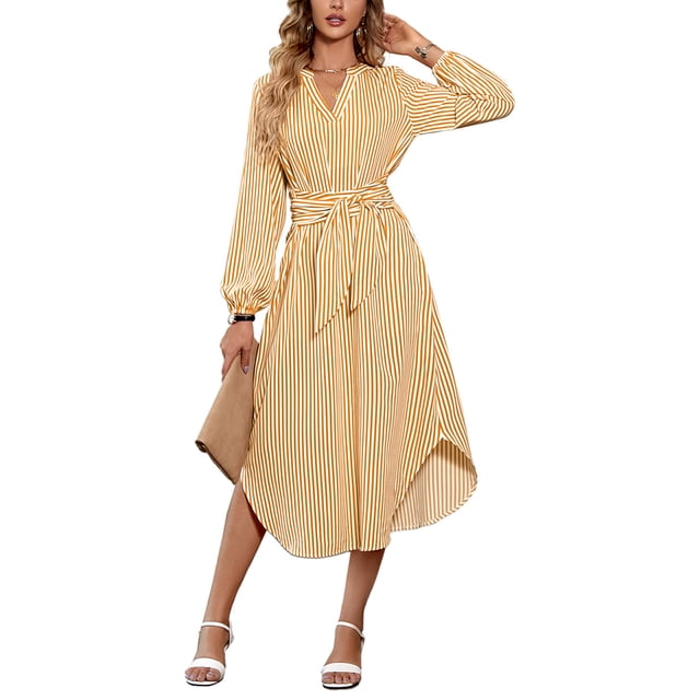 Vestido midi de rayas con escote en V para mujer, manga larga, holgado, informal, con lazo en la cintura, vestidos camiseros largos